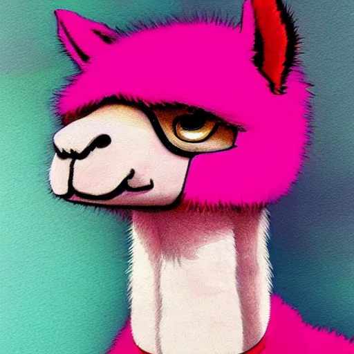 Image similar to portrait of a pink alpaca wearing a suit by Hayao Miyazaki, manga, trending on artstation, beautiful, colorful