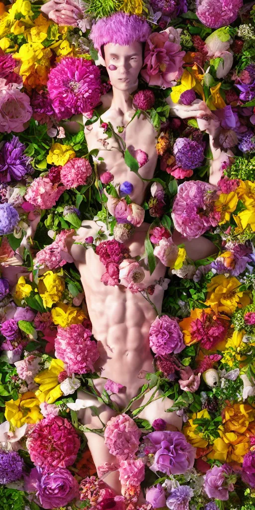 Image similar to a lovely cornucopia of flowers and human body parts, body parts, highly detailed, octane render, cinematic