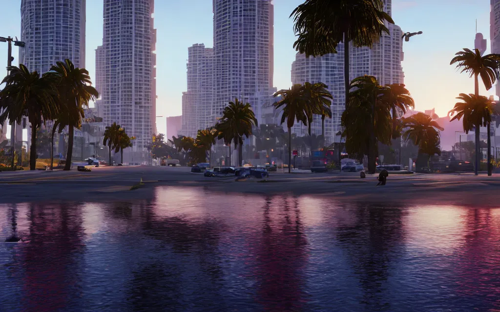 Image similar to still next - gen ps 5 game grand theft auto 6 2 0 2 4 remaster, graphics mods, rain, red sunset, people, rtx reflections, gta vi, miami, palms and miami buildings, photorealistic screenshot, unreal engine 5, 4 k, 5 0 mm bokeh, gta vice city remastered, artstation