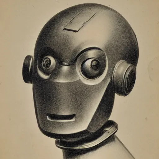 Prompt: head of a robot ( c. 1 8 8 0 - c. 1 8 9 2 ) drawing in high resolution by otto eerelman, with a back ground that starts off grey and gets darker the further down it goes