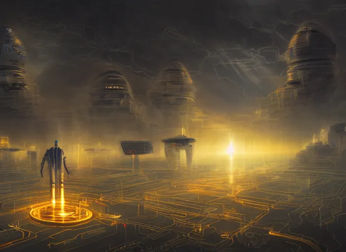 Image similar to cult of technology, exterior of scifi temple, machines, robots, ultra realistic, golden computers, highly detailed, clouds, futuristic landscape, city, atmosphere, masterpiece, epic lighting, glowing wires, mysterious, illuminated, 4 k, cinematic, art by patryk olkiewicz and chris ostrowski and liang yao