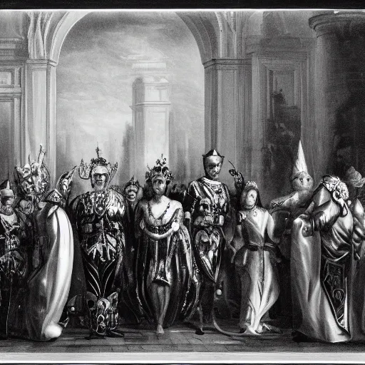 Prompt: Black and White photo of a Royal Procession with the Queen holding hands with the Devil