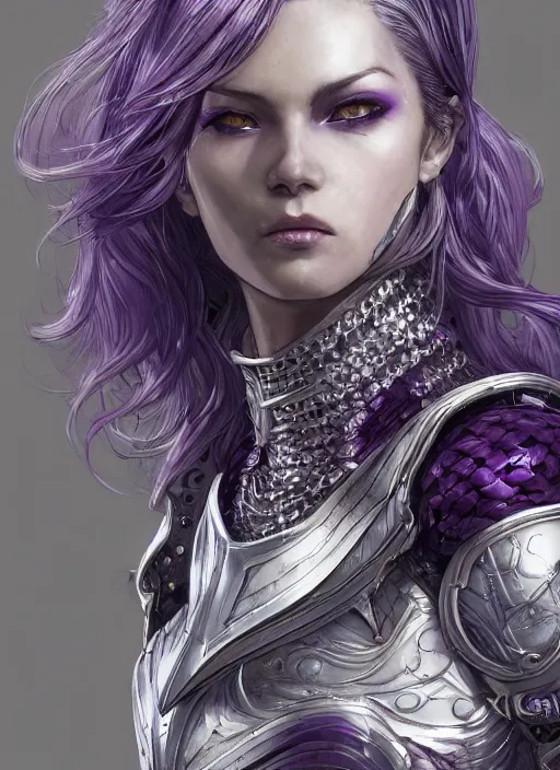 Image similar to close up portrait of a pale woman in amethyst bionic armor with purple hair, powerful, domineering, stoic, masterful, intense, ultrafine hyperdetailed illustration by kim jung gi, irakli nadar, intricate linework, sharp focus, octopath traveler, yoji shinkawa, highly rendered, detailed, concept art