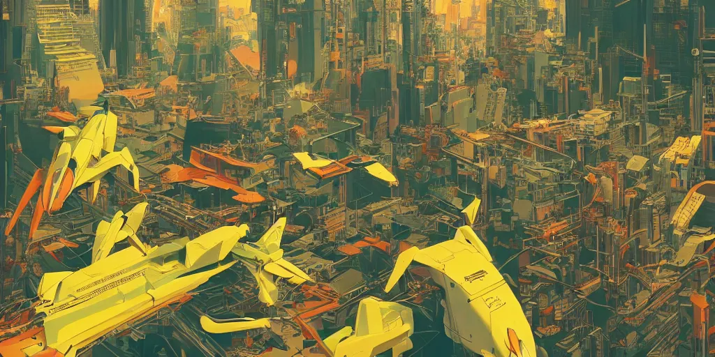 Image similar to risograph, gigantic mecha arzach birds, no artifacts, tiny rats, a lot of exotic animals around, big human faces everywhere, helicopters and tremendous birds, by satoshi kon and moebius, matte yellow colors, surreal design, crispy, super - detailed, a lot of tiny details, no blur, 4 k, fullshot