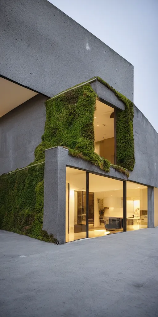 Prompt: a night photo of a minimalist contemporary house with large, bright windows. Behind the largest window is a family is eating dinner at the dining room table. The mossy and weathered concrete has been eroded by millions of years of wind and water. The concrete looks like Geological strata of rust and sand colors. The erosion has created thousands of small cracks and holes filled with moss. The concrete has large holes and deep crevices that glow warmly in the night air. Moss is growing in the hundreds of eroded crevices.