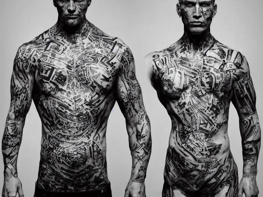 Prompt: front portrait of a muscular torso covered in runic tattoos front view, art by Ruan Jia , Moebious, Craig Mullin, and Nick Knight