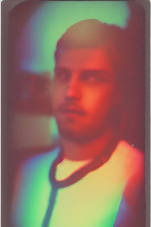 Prompt: analog vintage photography portrait polaroid of a beautiful gay man from the 7 0 s, bright light, lensflare, reflection, red color bleed, heavy film grain, bloom, glow