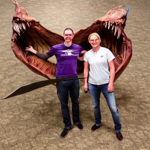 Prompt: two excited Vikings high fixing while standing in front of a dead pterodactyl with spears jutting from its body, professional photograph
