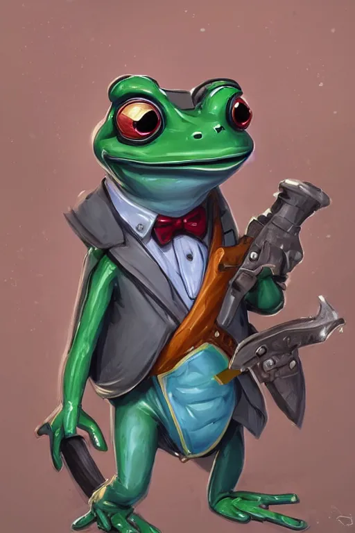 Image similar to cute anthropomorphic frog wearing a fancy suit , tuxedo and holding a chainsaw ,tiny, small, miniature frog, baby animal, short, pale blue armor, cute and adorable, pretty, beautiful, DnD character art portrait, matte fantasy painting, cgsociety Artstation, by Jason Felix by Steve Argyle by Tyler Jacobson by Peter Mohrbacher, cinematic lighting