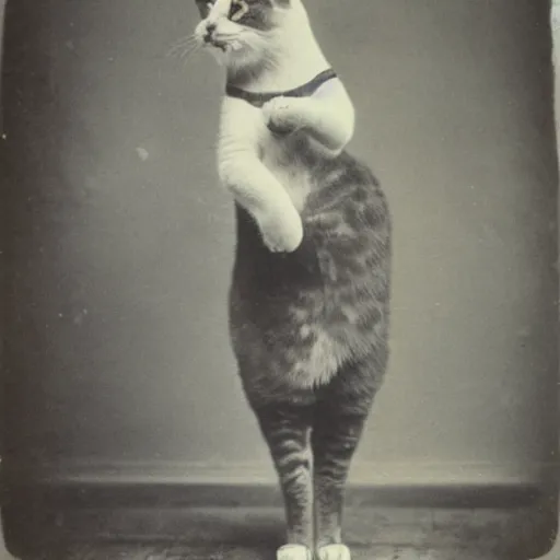 Image similar to daguerrotype of rare photo of cat dancing on hind legs from 1 8 7 9, vintage 1 9 th century photography