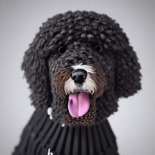 Image similar to a closeup photorealistic illustration of a smiling knitted bernedoodle judge dog dressed in a black gown, presiding over the courthouse. this 4 k hd image is trending on artstation, featured on behance, well - rendered, extra crisp, features intricate detail, epic composition and the style of unreal engine.