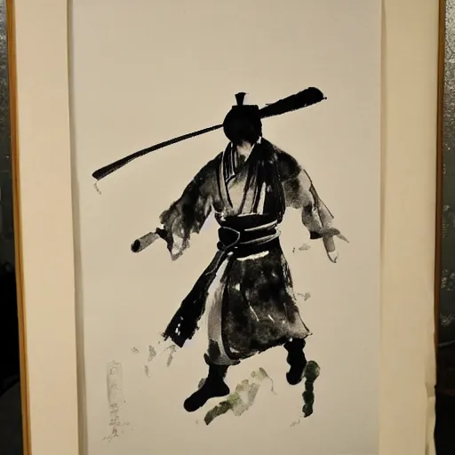 Prompt: puddled ink painting of a samurai,