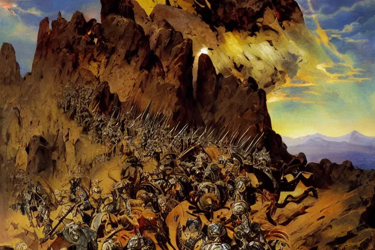 Image similar to a beautiful painting of a rocky landscape covered with bodies of medieval soldiers in shiny armors, dawn, by Frank Frazetta, by Georgia o keeffe, by Gustave Moreau