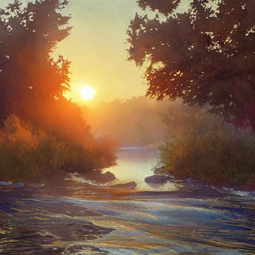 Image similar to River leading into a sunset, Watercolor, photorealistic, high resolution, award winning, trending on artstation, intricate, elegant, highly detailed, digital painting, artstation, concept art, smooth, sharp focus, illustration, art by artgerm and greg rutkowski and alphonse mucha