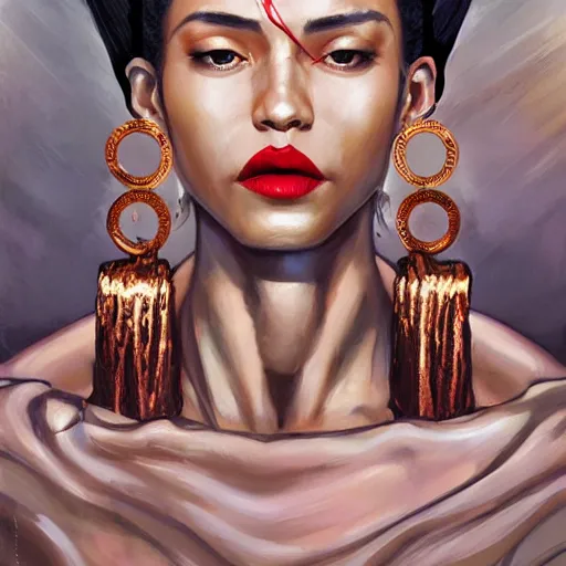 Prompt: detailed oil portrait of tall hyper - muscular shining bronze - skinned warrior woman with silver eyes, with long wavy flowing black hair and big gold earrings, jewelry, red lipstick, makeup, feminine, volumetric lighting, dynamic composition, art by sachin teng and sergey kolesov and ruan jia and heng z, scifi, concept art