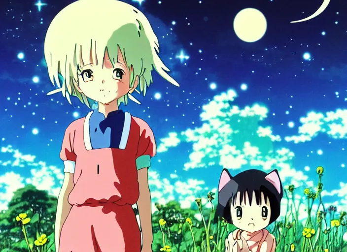Prompt: anime fine details portrait of joyful girl and alien cute cat, aliens vivid, nature trees, meadows, villages at night, bokeh, close-up, anime masterpiece by Studio Ghibli. 8k, sharp high quality classic anime from 1990 in style of Hayao Miyazaki