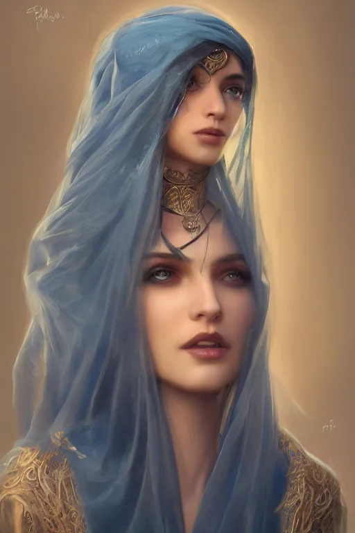 Prompt: beautiful gorgeous female Arabian character portrait with wavy hair, blue eyes, transparent veil, transparent burqa, cinematic lighting, hyper-detailed, cgsociety, 8k, high resolution, in the style of Charlie Bowater, Tom Bagshaw, Alexis Franklin, Elena Masci, Pawel Rebisz