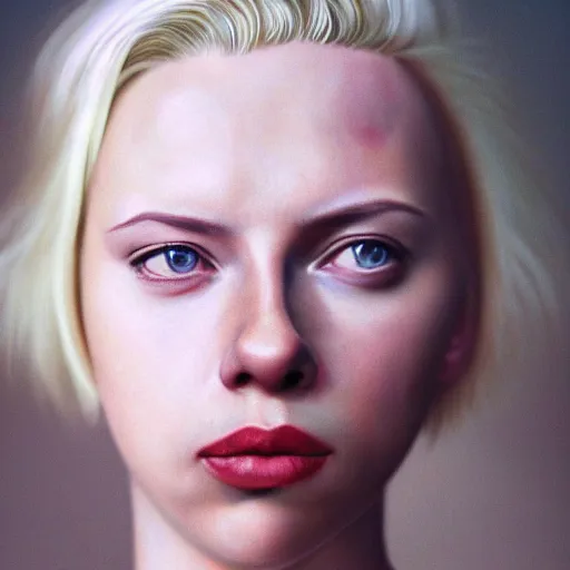 Image similar to realistic expired kodak film portrait of albino scarlet johansson, hyperrealism, photorealistic, detailed, atmospheric, 8 k, award winning photography, cinematic