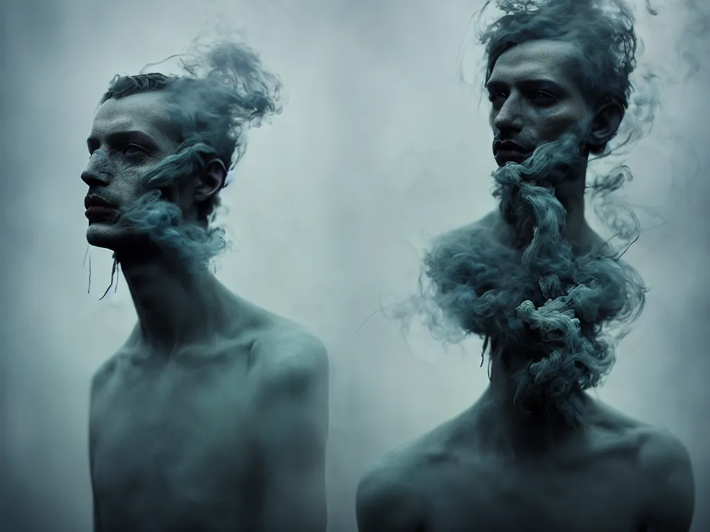 Prompt: cinestill 5 0 d portrait by paolo roversi of a dystopian beautiful model man hybrid smoke statue in a scenic dystopian environment, smoke hair floating in air, dreamy intricate, elegant, highly detailed, digital art, artstation, concept art, smooth, sharp focus, tomasz alen kopera, peter mohrbacher, donato giancola, tonal colors