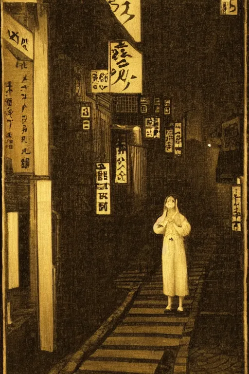 Prompt: a woman standing in the middle of a tokyo street at night, in the style of the dutch masters and Gregory Crewdson