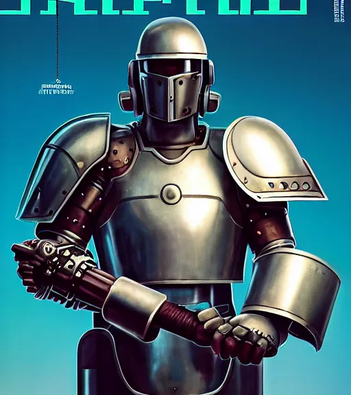 Image similar to a large cyberpunk paladin in rounded heavy plate armor with large shoulder pads and a spartan helmet and a very large shield he is holding a large axe in a cyberpunk setting, 1 9 3 9 omni magazine cover, style by vincent di fate, artgerm, cyberpunk 2 0 7 7, very coherent, detailed, 8 k resolution, unreal engine, daz