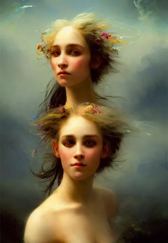 Image similar to three-quarters portrait with papery flaking skin, piercing multi-colored eyes, and under water flowing hair, dreams of the fae; painted in oil on canvas; highly detailed surrealism by Aleksi Briclot and Ivan Aivazovsky; 8k