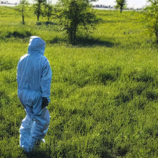 Prompt: man in a hazmat suit wandering in a green toxic landscape