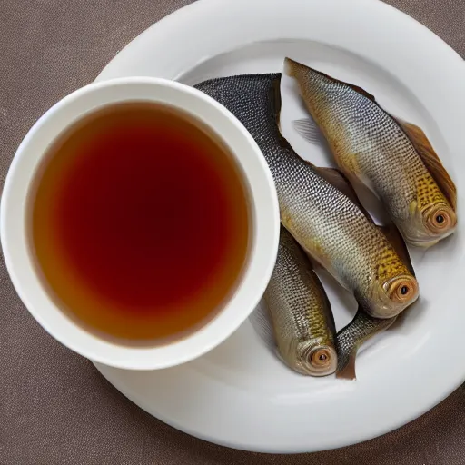 Prompt: fish in a cup of tea, food photography