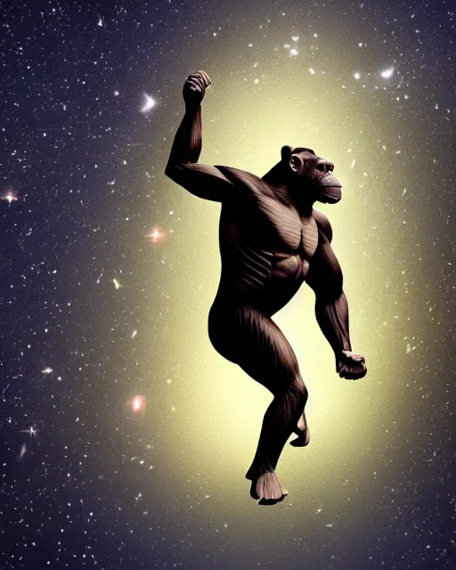 Image similar to very detailed high resolution illustration of a muscular chimpanzee, backlit, stars, night, surrounded, 3 d, 8 k, extremely detailed, artstation, award winning