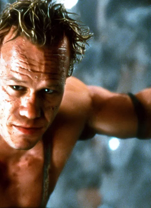 Image similar to film still of Heath Ledger as John McClane in Die Hard, 4k