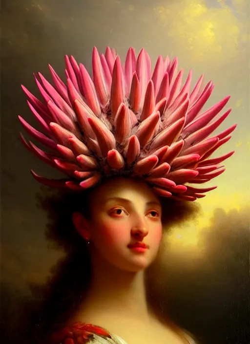 Prompt: stunning spanish godess, detailed pink and white protea head peace against a black backdrop by ivan aivazovsky, wlop, oil painting, beautiful soft lighting, muted colours, artstation