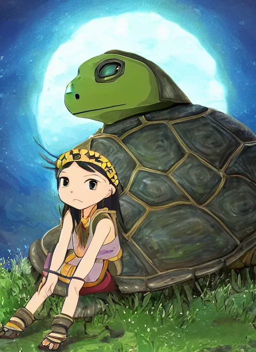 Prompt: portrait of a little warrior girl character sitting on top of a giant armored turtle in the desert, studio ghibli epic character with dark skin and beautiful green eyes. the girl has a very beautiful detailed symmetrical face, long black hair, the turtle has a big smiling face and closed eyes, bright colors, diffuse light, dramatic landscape, fantasy illustration