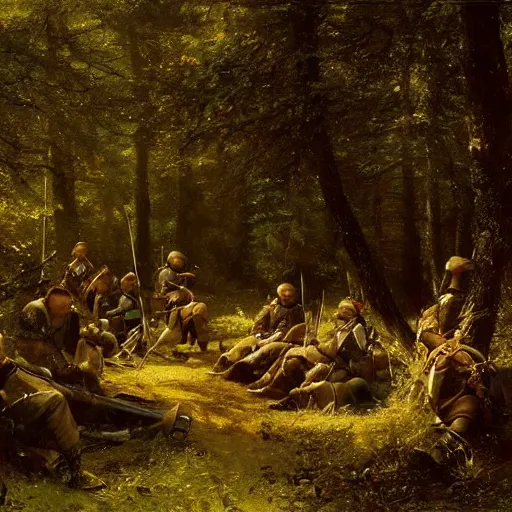 Prompt: a small group of medieval european knights are resting at a small clearing a dark wood along a small stream, highly detailed, digital painting, sharp focus, by alber bierstadt greg rutkowski