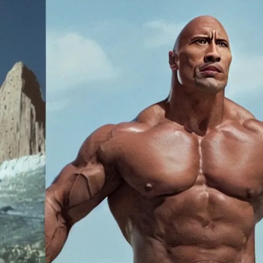 Image similar to photo of dwayne the rock johnson flexing and yelling let's go!, bell visible in the background on his right, low perspective, isometric perspective, film scene