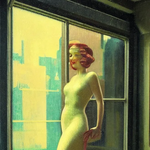 Image similar to retrofuturistic 1 9 3 0 s detailed oil painting of a woman in a window, cyberdeco cloisters, electronic billboards, tech noir, wet reflections, atmospheric, ambient, wlop, livia prima, george tooker, greg rutkowski, gil elvgren, grant wood, alexis flower, hopper, mucha, whistler, norman rockwell, peter max