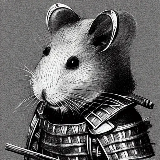 Prompt: a hamster wearing samurai armor. pencil drawing. concept art. filigree drawing.