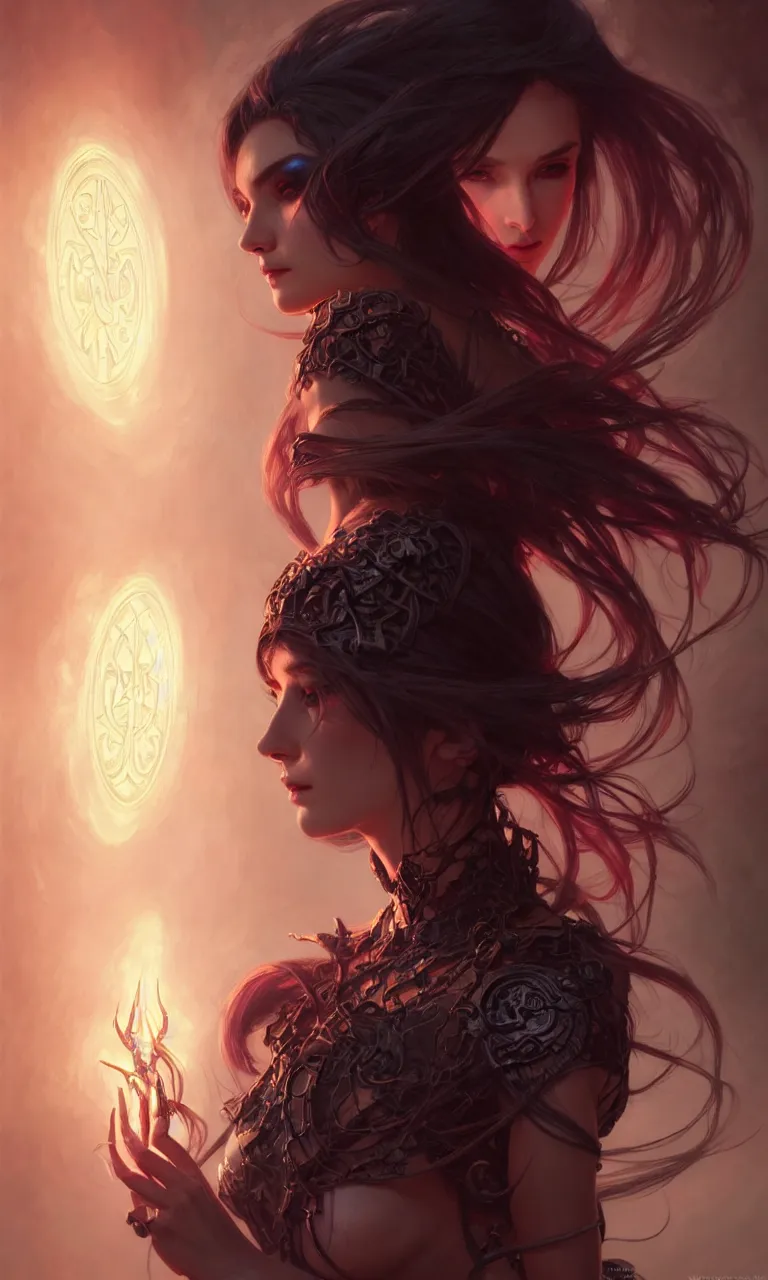 Image similar to Necromancer Sorceress in center, fantasy magic, undercut hairstyle, dark light night, intricate, elegant, sharp focus, illustration, highly detailed, digital painting, concept art, matte, art by WLOP and Artgerm and Greg Rutkowski and Alphonse Mucha, masterpiece