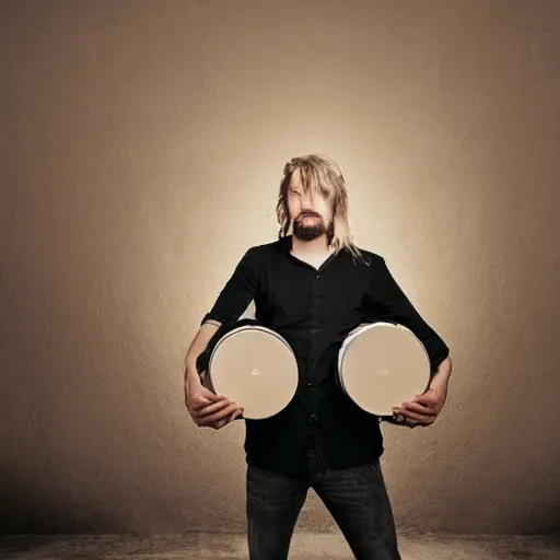 Prompt: award winning photograph of a blonde man with a goatee and long hair plays an amazing drum set, dramatic lighting,