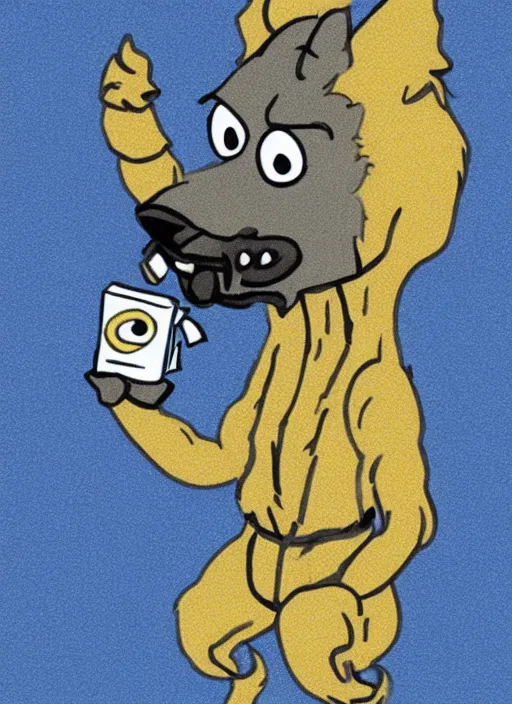 Image similar to An anthropomorphic blue hyena holding a block of ramen