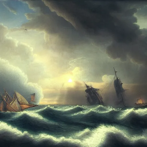 Prompt: Ancient burning ships on a stormy sea, matte painting, highly detailed