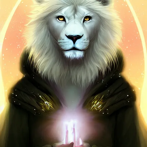 Image similar to aesthetic portrait commission of a albino male furry anthro lion surrounded by small glowing sparkles and wearing white glowing cloak in an empty pitch black room illuminated by the glowing cloak, Character design by charlie bowater, ross tran, artgerm, and makoto shinkai, detailed, inked, western comic book art, 2021 award winning painting