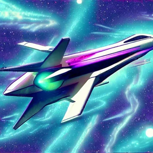 Image similar to starship flying through space, vaporwave style, 1 9 9 2 4 k masterpiece