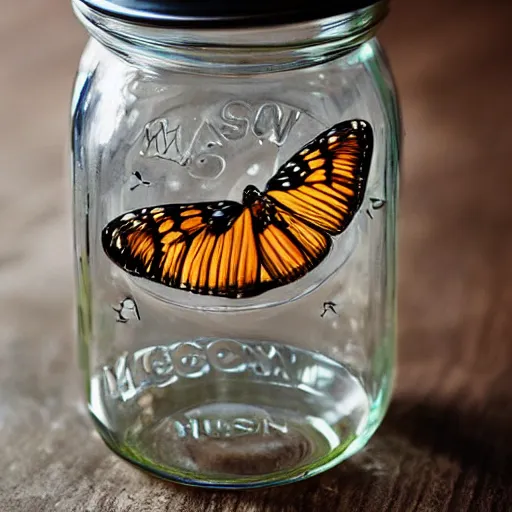 Prompt: mason jar with butterflies inside wide angle