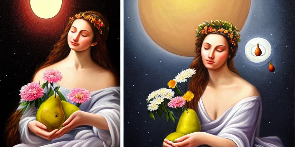 Image similar to very realistic beautiful painting of a goddess holding flowers and levitating a pear, sun on the left moon on the right as she is sitting on a rock at night time, realistic 8K HD