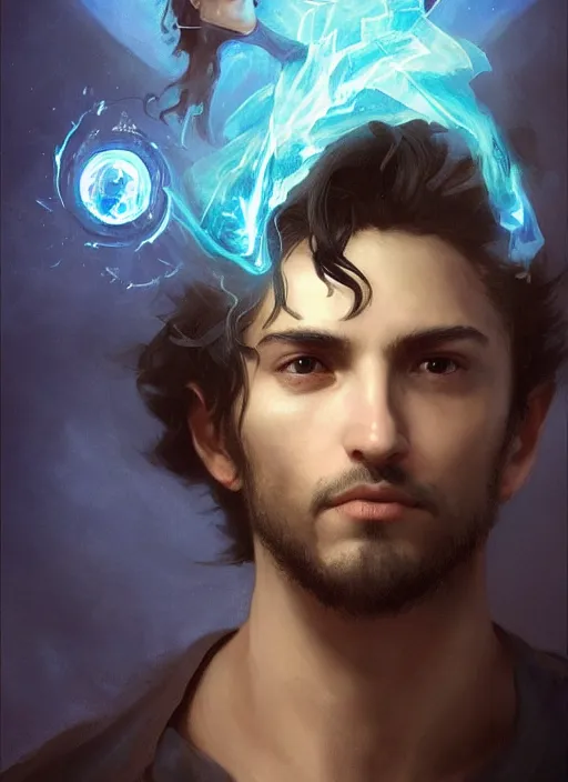 Image similar to character concept portrait of an attractive young sleepy Spanish wizard with blue skin conjuring an ocean spell, a floating iridescent spell book in the center, intricate, elegant, digital painting, concept art, smooth, sharp focus, illustration, from Metal Gear, by Ruan Jia and Mandy Jurgens and William-Adolphe Bouguereau, Artgerm