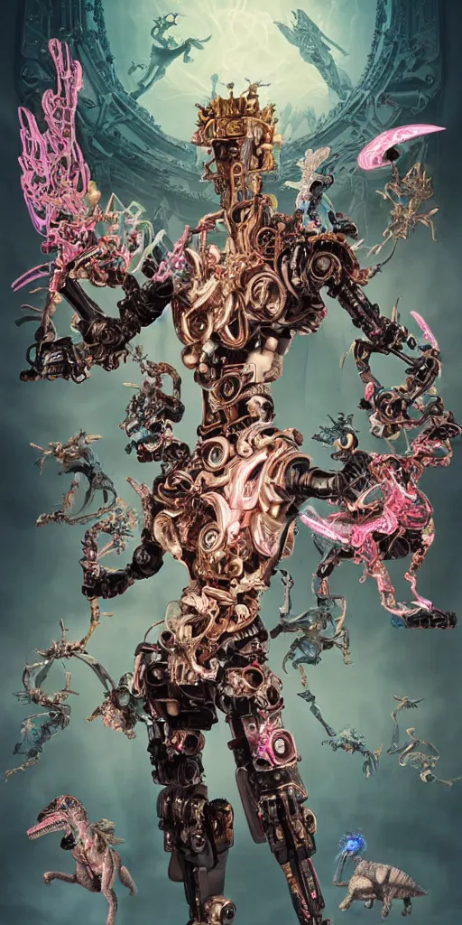 Prompt: full-body rococo and cyberpunk style sculpture of a young seductive Latino prince half android with a chest exposing circuitry, glowing pink seductive laser eyes, crown of blue gears and diamonds, swirling salmon-colored silk fabric, robotic raptors dinosaurs. baroque elements. full-length view. intricate artwork by caravaggio. art by Artgerm and Greg Rutkowski and Alphonse Mucha, Trending on artstation, cinematic industrial lighting, hyper realism, octane render, 8k, depth of field, 3D