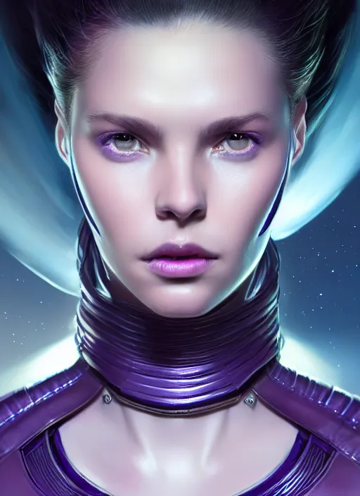 Image similar to top down lighting, extreme close up, stunning portrait of a woman in purple leather future armor with a long black ponytail, with space and stars around her, spaceship hallway, intricate, mood lighting, highly detailed, digital painting, artstation, concept art, smooth, sharp focus, illustration, art by wlop, mars ravelo and greg rutkowski