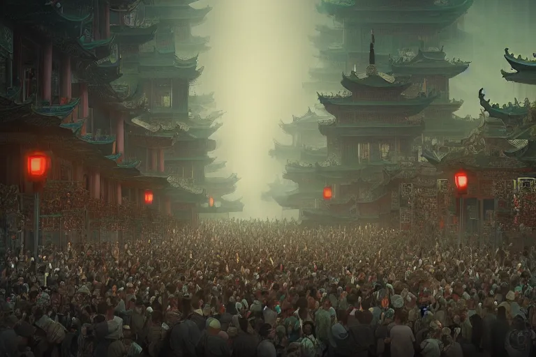 Prompt: crowds on programmers are marching to chinese palace, dark atmosphere, light above palace, digital art, trending on artstation