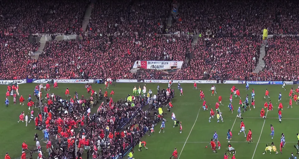 Prompt: television broadcast of professional soccer game, players wearing top hats, wide angle, birds eye, tv