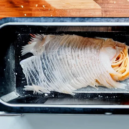 Image similar to fish being cut in a food processor